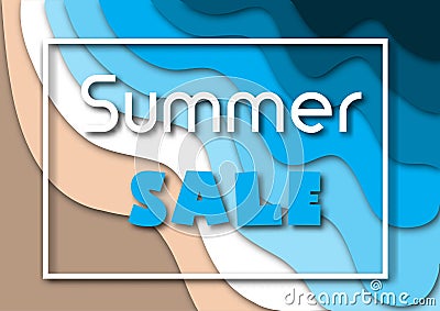 Paper cut summer sale banner with sea or ocean waves and tropical beach sand, white frame and text. Vector Illustration