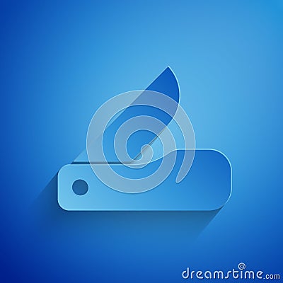 Paper cut Swiss army knife icon isolated on blue background. Multi-tool, multipurpose penknife. Multifunctional tool Vector Illustration