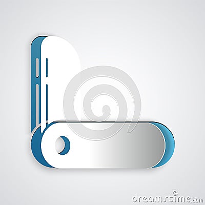 Paper cut Swiss army knife icon isolated on grey background. Multi-tool, multipurpose penknife. Multifunctional tool Vector Illustration