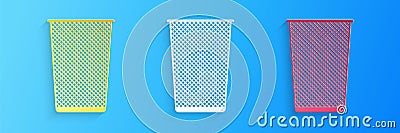 Paper cut Trash can icon isolated on blue background. Garbage bin sign. Recycle basket icon. Office trash icon. Paper Vector Illustration