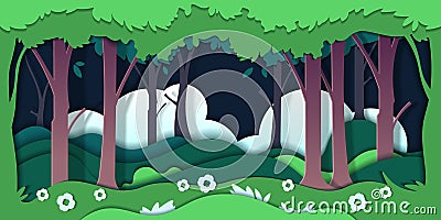 Paper cut trees. Ecology concept with nature environment and cardboard landscape. Vector green origami background Vector Illustration