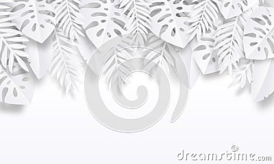Paper cut tropic background. Summer trendy poster with exotic leaves, summer vacation backdrop. Vector nature wallpaper Vector Illustration