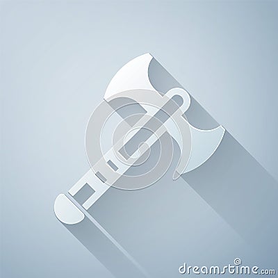 Paper cut War axe icon isolated on grey background. Battle axe, executioner axe. Medieval weapon. Paper art style. Vector Stock Photo