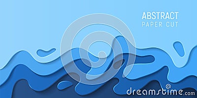 Paper cut water abstract background. Banner with 3D abstract paper cut blue waves. Eco friendly design. Vector Vector Illustration