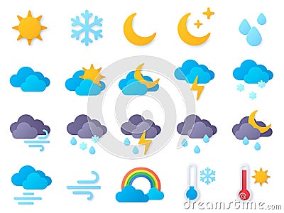 Paper cut weather icons. Symbols of rain, rainbow, sun, hot and cold temperature, winter snow and cloud. Meteo forecast Vector Illustration