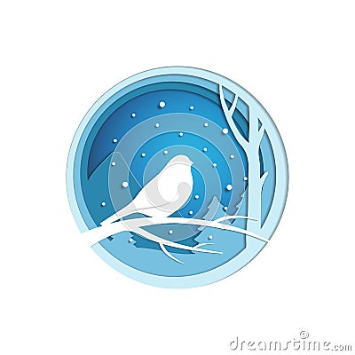 Paper cut winter landscape with bird sitting on a branch. Christmas origami concept. Vector Illustration