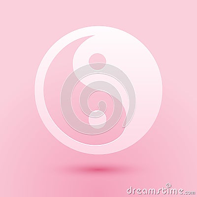 Paper cut Yin Yang symbol of harmony and balance icon isolated on pink background. Paper art style. Vector Vector Illustration