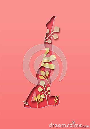 Paper cut yoga shoulder stand pose nature leaf Vector Illustration