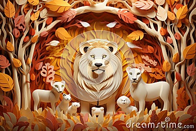 a paper cutout of a lion surrounded by a group of animals Stock Photo