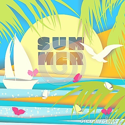 Paper cutout, origami summer background Vector Illustration