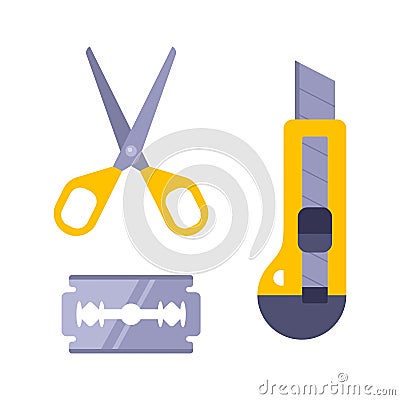 Paper cutting kit. stationery knife, blade and scissors. children needlework. Vector Illustration