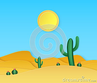 Paper desert. Summer landscape with paper cut succulents cactuses, sand dunes, sun in origami style vector background Vector Illustration