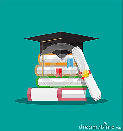 Paper diploma with stamp, books and graduation cap Vector Illustration