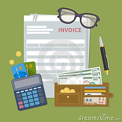 Paper document invoice form. Concept of invoice payment. Tax, receipt, bill. Wallet with cash money, golden coins, credit cards Vector Illustration