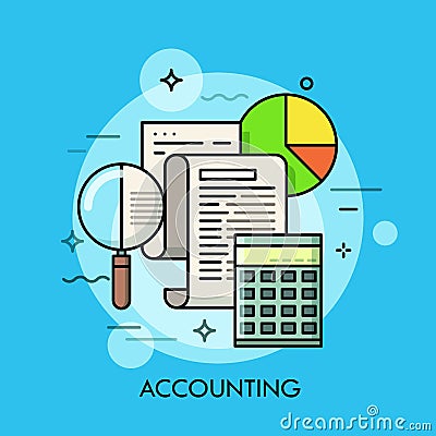 Paper document, magnifying glass, calculator and pie chart. Accounting and auditing service, budget planning, revenue Vector Illustration