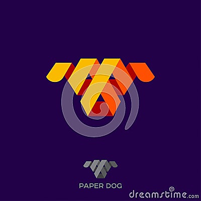 Paper Dog Logo. Face of Dog From Color Ribbons or Strips of Paper. Origami Dog icon. Pets emblem. Vector Illustration