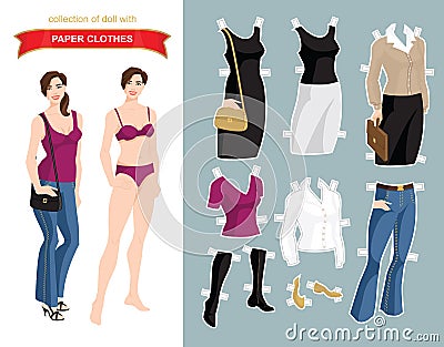 Paper doll with clothes for office and holiday. Vector Illustration