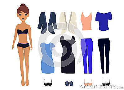 Paper Doll with different dresses Cartoon Illustration