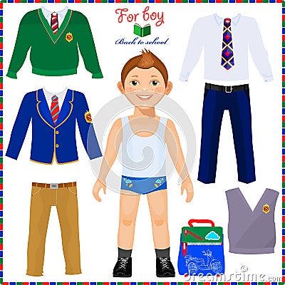 Paper doll with a set of clothes. Cute boy student. Vector Illustration