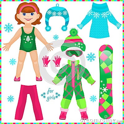 Paper doll with a set of clothes. Cute fashion girl. Vector Illustration