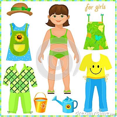 Paper doll with a set of clothes. Cute girl. Vector Illustration