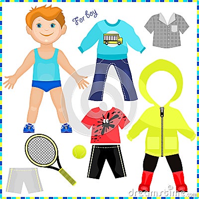 Paper doll with a set of clothes. Vector Illustration