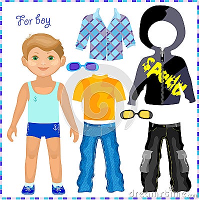 Paper doll with a set of clothes. Vector Illustration