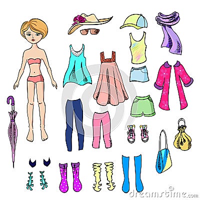 Paper doll and a set clothes for her Vector Illustration