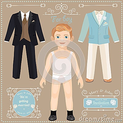 Paper doll with a set of clothes. Wedding dresses for the bride. Vector Illustration