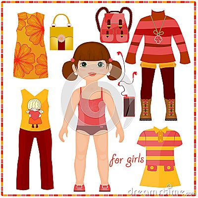 Paper doll with a set of fashion clothes. Cute gir Vector Illustration