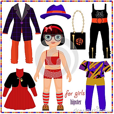 Paper doll with a set of fashion clothes. Cute hipster girl. Vector Illustration