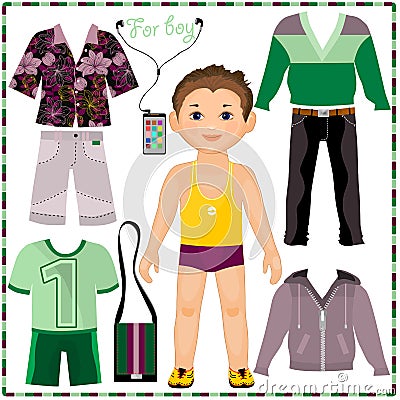 Paper doll with a set of fashionable clothing. Cut Vector Illustration