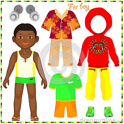 Paper doll with a set of fashionable clothing. Vector Illustration