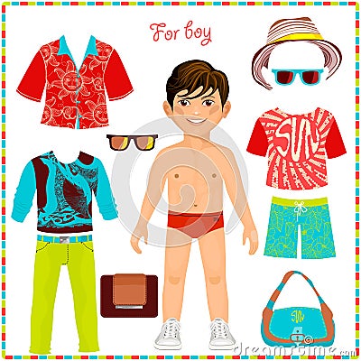 Paper doll with a set of fashionable clothing. Vector Illustration