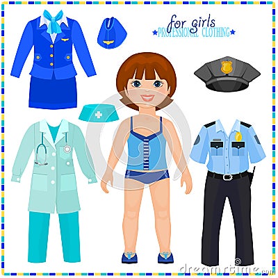 Paper doll with a set of professional clothings. Vector Illustration