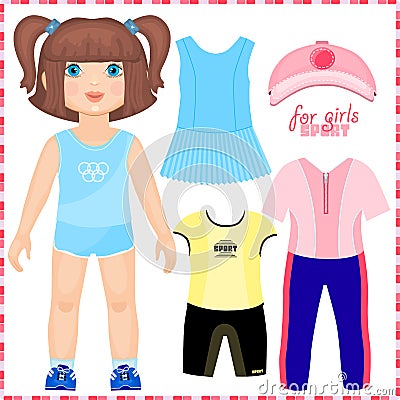 Paper doll with a set of sport clothes. Vector Illustration