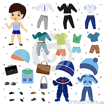 Paper doll vector boy dress up clothing with fashion pants or shoes illustration boyish set of male clothes for cutting Vector Illustration