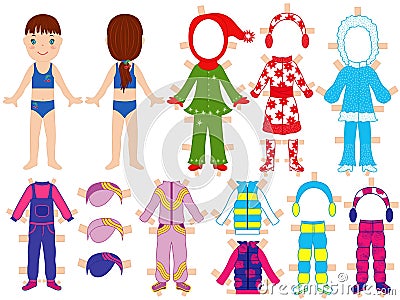 Paper doll and warm clothes set for her Vector Illustration