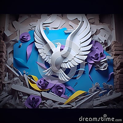 Paper dove of peace with spread wings over the ruins generated by AI Stock Photo