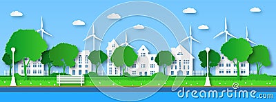 Paper eco city. Green trees in public urban park with buildings and clean blue river promenade. Ecology and environment Vector Illustration