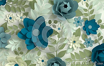 Paper elegant pastel colored flowers. Valentine`s day, Easter, Mother`s day, wedding card, blooming wall background. 3d render Cartoon Illustration