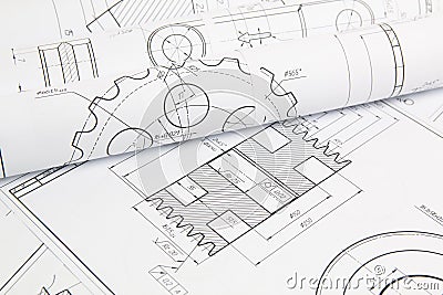 Paper engineering drawings of industrial parts and mechanisms Stock Photo