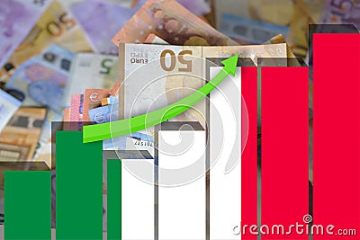 paper euro banknotes, Italy flag on textured background of graph, concept banking, stability national currency, monetary progress Stock Photo