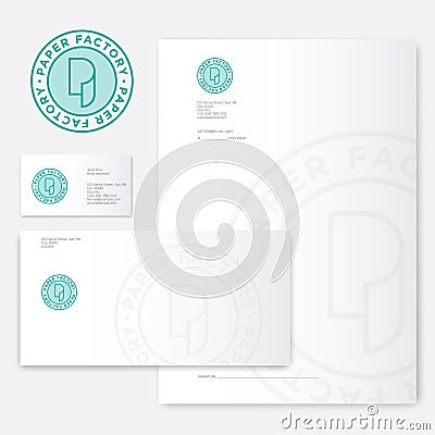 Paper factory logo. P monogram. Roll of paper logo and identity. Envelope, letterhead, letter, and business cards. Vector Illustration