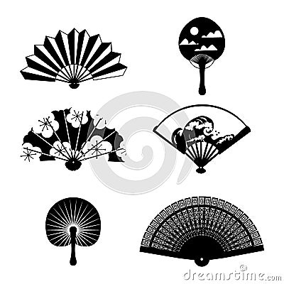 Paper fan. Black silhouettes with ethnic floral and marine patterns. Chinese or Japanese traditional geisha attribute Vector Illustration