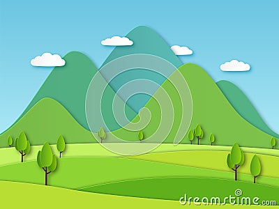 Paper field landscape. Summer landscape with green hills and blue sky, white clouds. Layered papercut creative vector 3d Vector Illustration