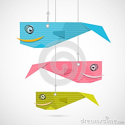 Paper Fish Hang on Strings Vector Illustration