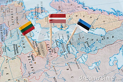 The Baltic states map with flag pins Stock Photo