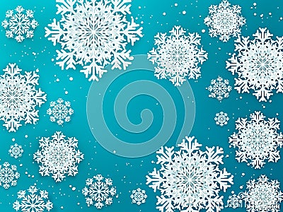 Paper flakes background. Christmas 3D winter poster with snow decoration elements. Vector design template for greeting Vector Illustration