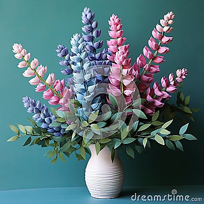 Bold Chromaticity: Diy Lupine Arrangement With Teal And Pink 3d Effect Stock Photo